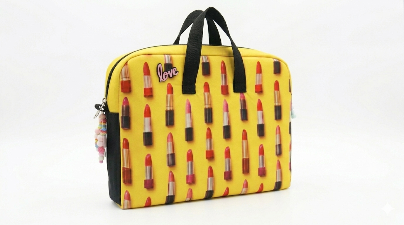 Bolso Maletín Labiales Love amarillo con estampado de labiales rojos y negro, asas negras y cierre con dije de cuentas de colores.