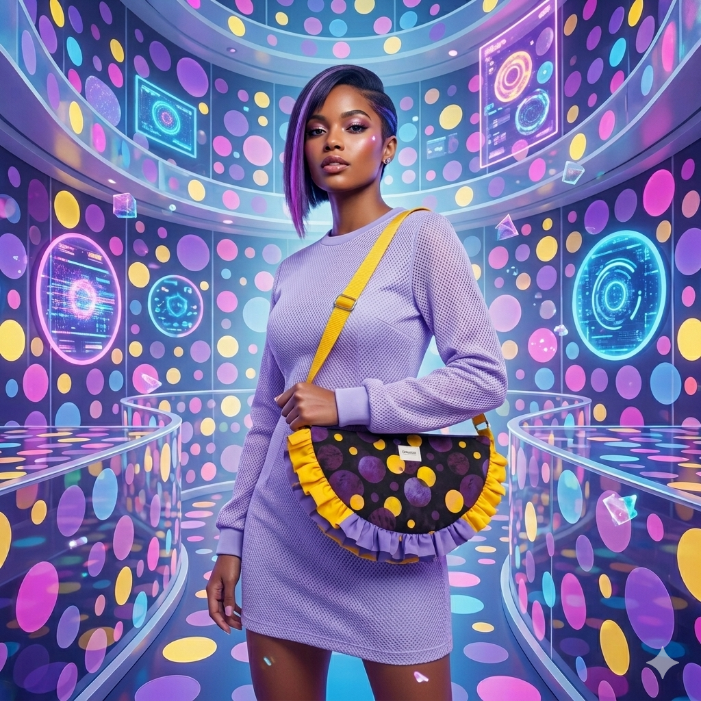 Mujer con vestido lavanda y pelo bicolor morado posando con el Bolso Media Luna Lunares Morado y Amarillo Encantos cruzado al cuerpo, en escenario futurista de lunares de colores