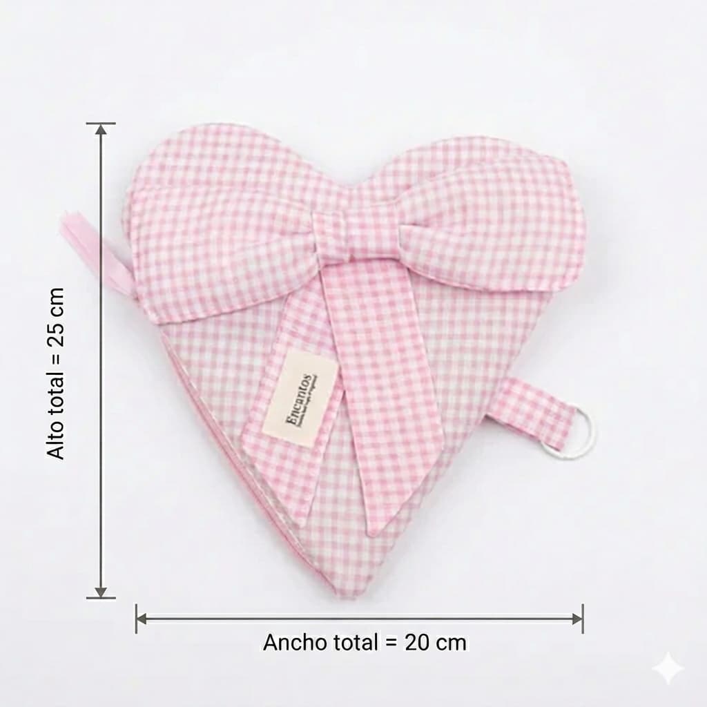 Bolso artesanal con forma de corazón en tela vichy rosa con lazo decorativo, hecho a mano, Encantos