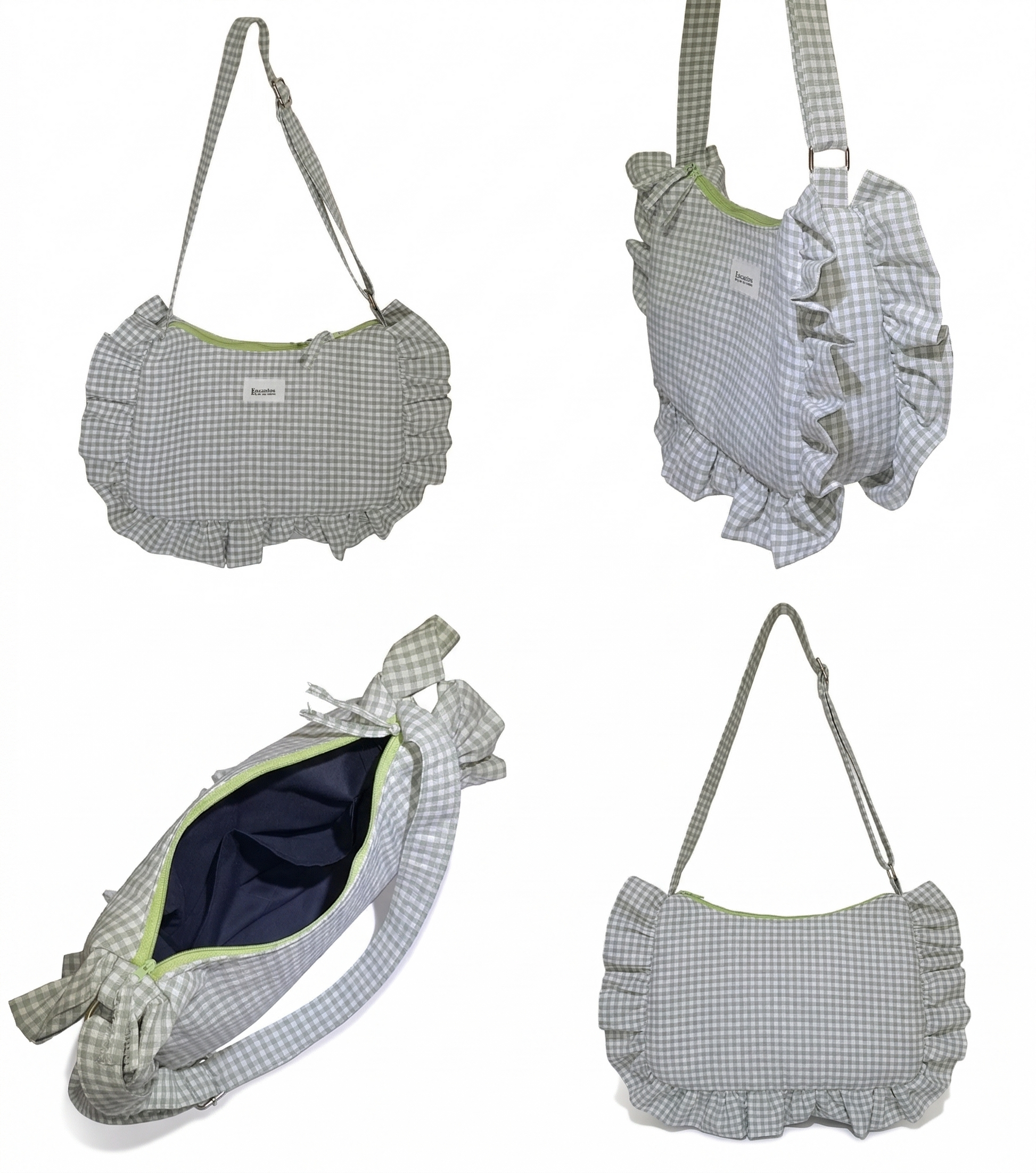 Bolso Hobo Gingham con Volantes en patrón vichy gris y blanco, con volantes en los bordes y correa ajustable, detalle interno en color oscuro.