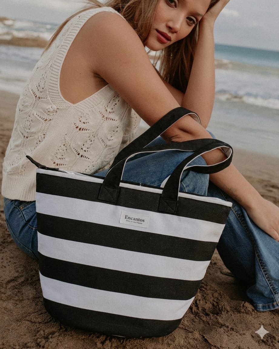 Modelo con tote bag rayas blanco y negro Encantos en la playa