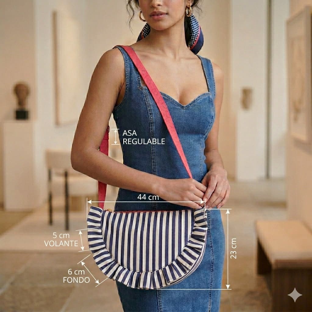 Bolso HALF MOON de Encantos en tela de rayas azul marino y blanco con asa regulable roja, llevado en bandolera por modelo. Medidas: 44x23 cm, fondo 6 cm, volante 5 cm