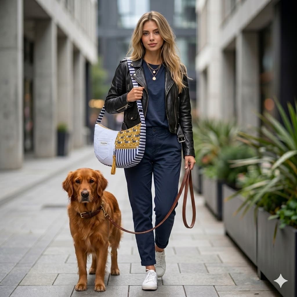 Mujer con bolso Sling Dachshund Encantos cruzado paseando con su golden retriever por zona comercial — look casual chic con chaqueta denim blanca y pantalón navy