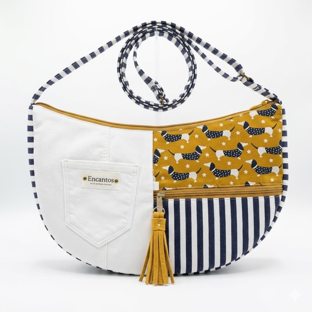 Detalle del Bolso Sling Dachshund Encantos — combinación de tejidos: lona blanca, estampado salchicha mostaza y rayas navy con acabados en cremallera dorada