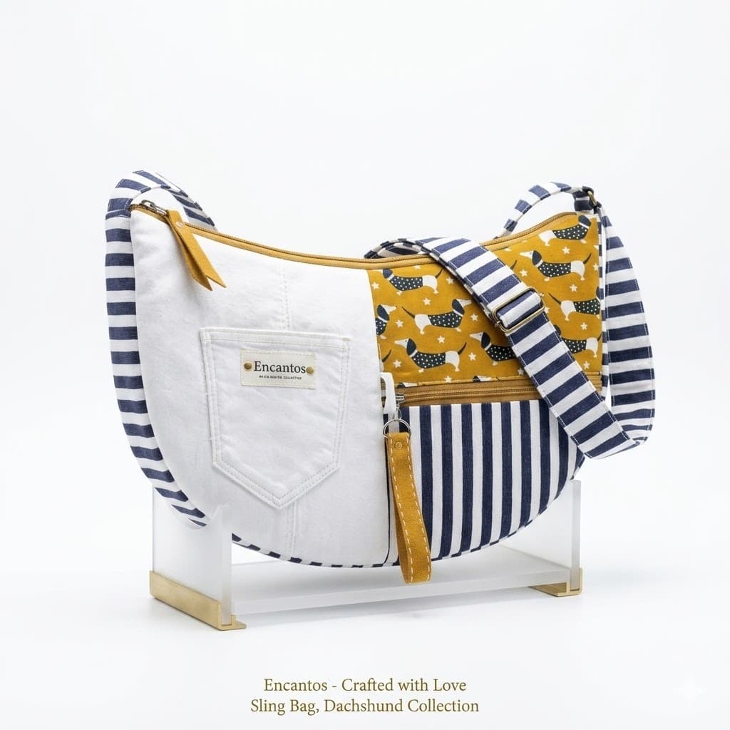 Bolso Sling Dachshund Encantos — vista lateral sobre soporte acrílico, mostrando la silueta media luna y el asa de rayas navy