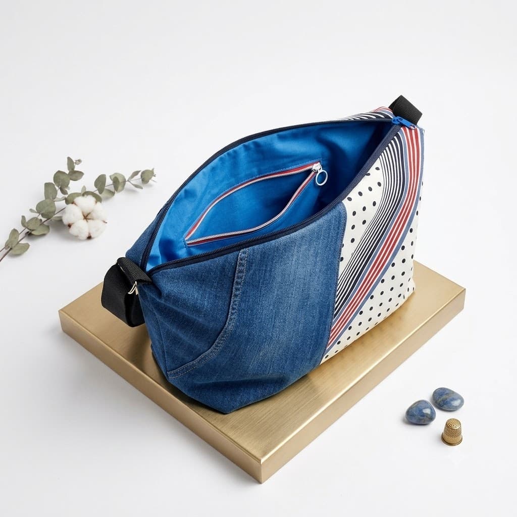 Interior del bolso con forro azul y bolsillo con cremallera