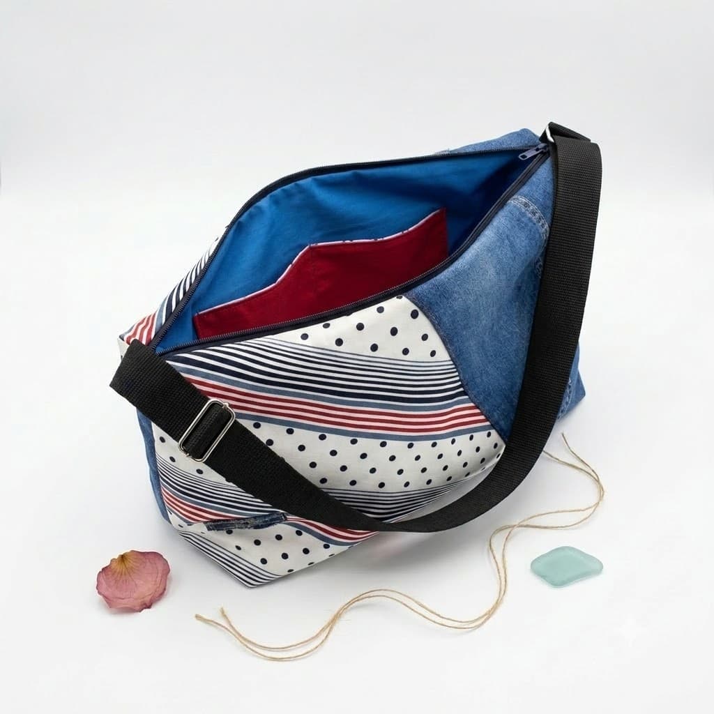 Bolso hobo patchwork denim y lunares, vista lateral en soporte blanco