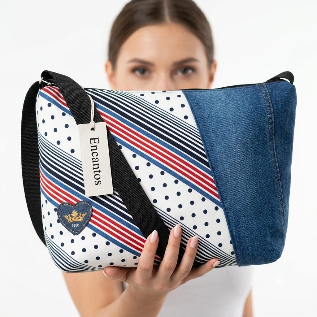 Detalle del bolso hobo patchwork con etiqueta Encantos