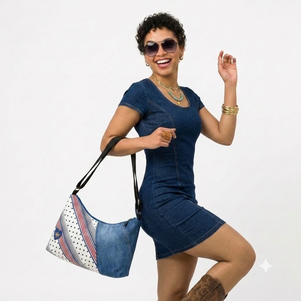 Modelo llevando el bolso hobo al hombro, look denim total