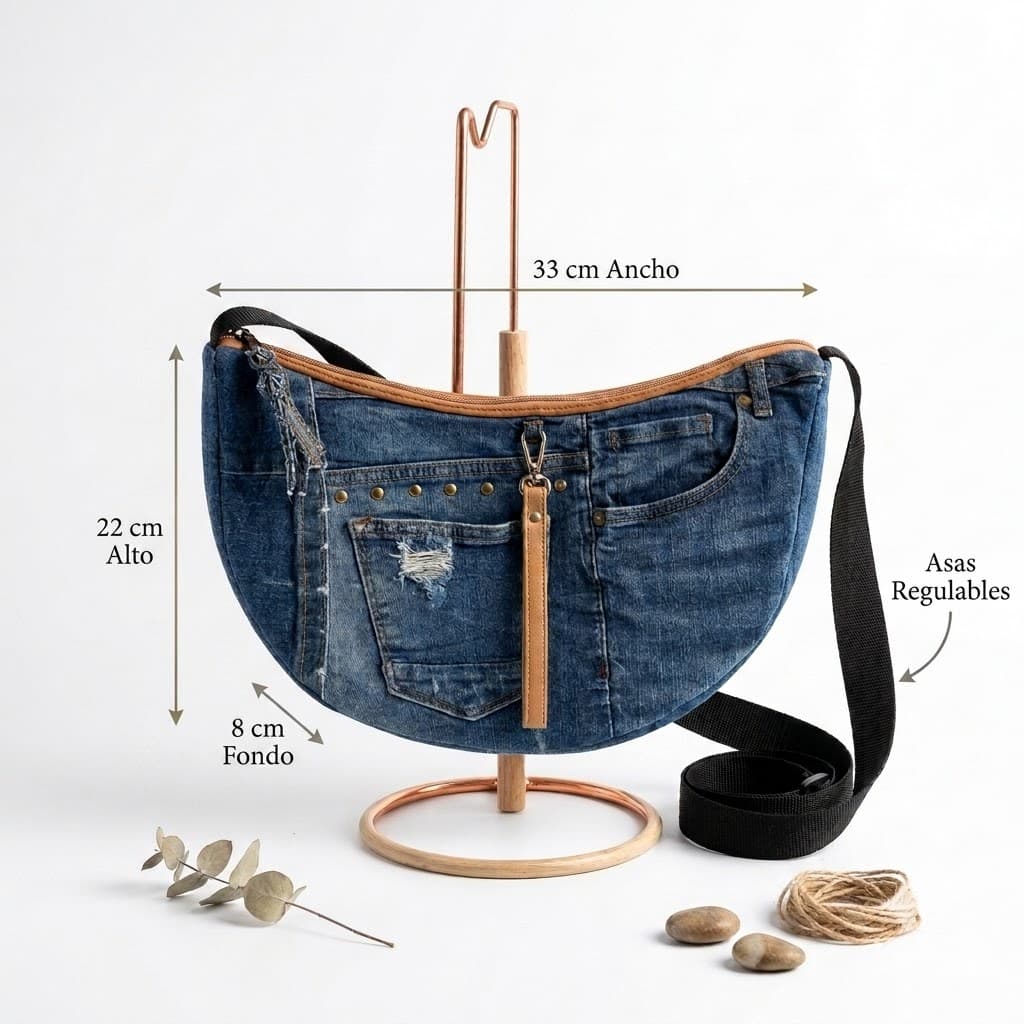 Bolso media luna denim con medidas: 33cm ancho, 22cm alto, 8cm fondo