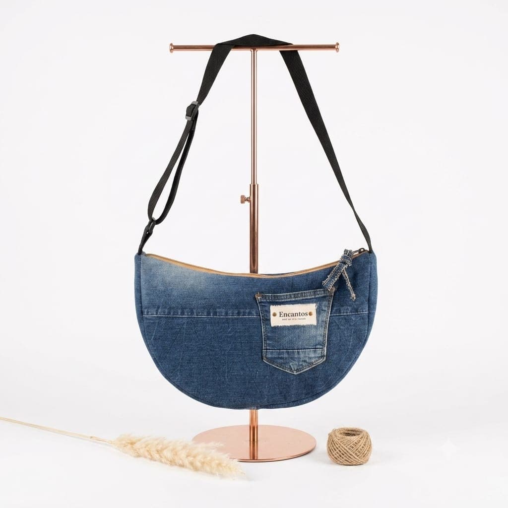 Bolso media luna denim vista trasera con bolsillo y etiqueta Encantos