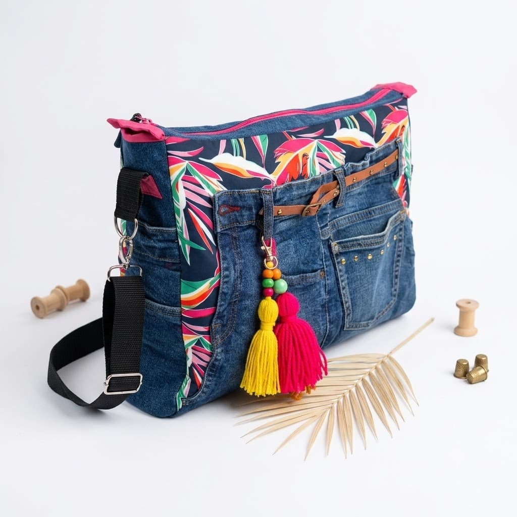 Bolso Tropical Denim vista frontal con pompones