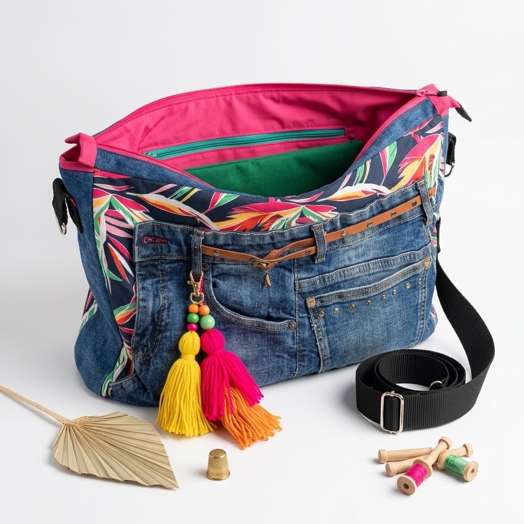 Bolso Tropical Denim vista lateral con correa de cuero