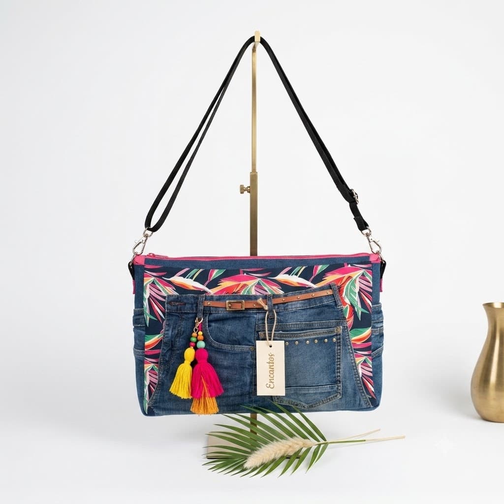 Bolso Tropical Denim colgado en percha dorada
