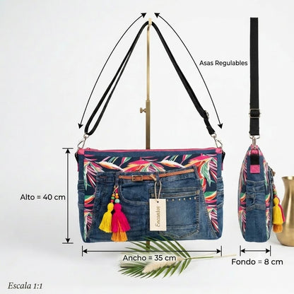 Bolso Tropical Denim en soporte dorado vista frontal