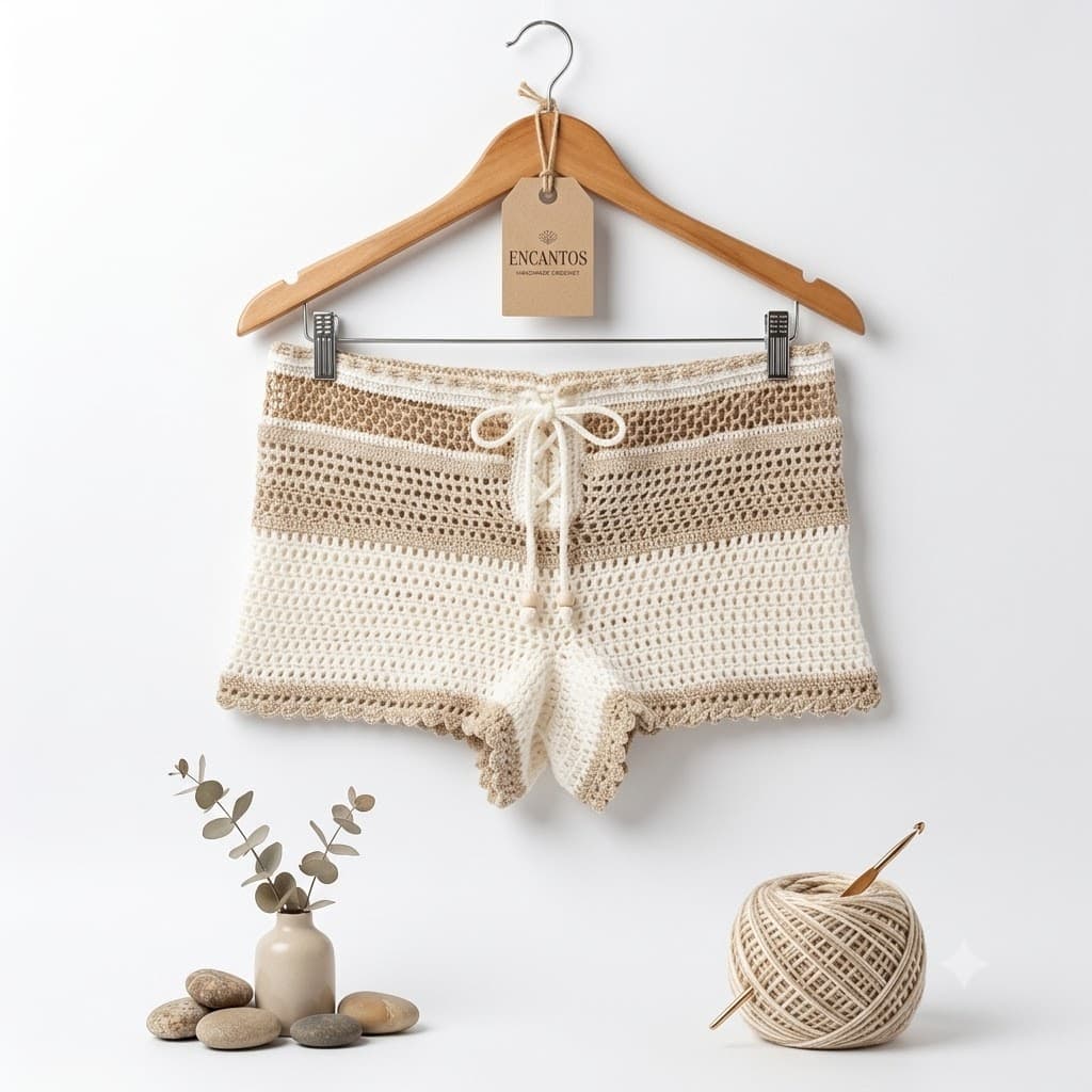 Short crochet bicolor crudo y dorado colgado en percha, etiqueta Encantos