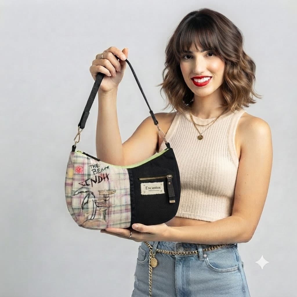 Bolso media luna The Beach CNDH en maniquí con medidas: 30 cm ancho, 16 cm alto, fondo 6 cm, asas regulables — Encantos