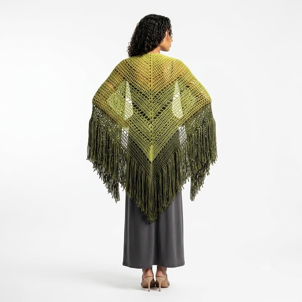 Chal triangular crochet degradado verde bosque con flecos largos, vista trasera