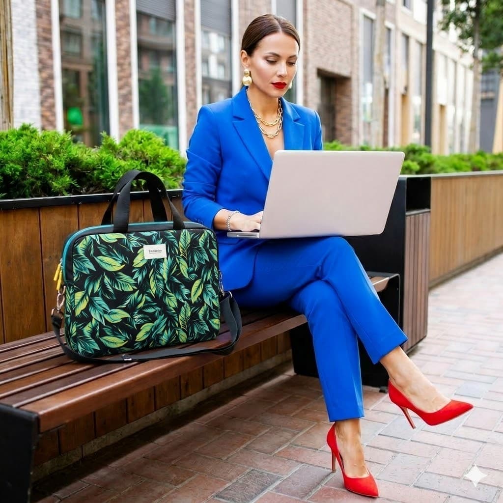 Bolso laptop hojas tropicales - medidas 38x38x6 cm, asa 30 cm, bandolera ajustable