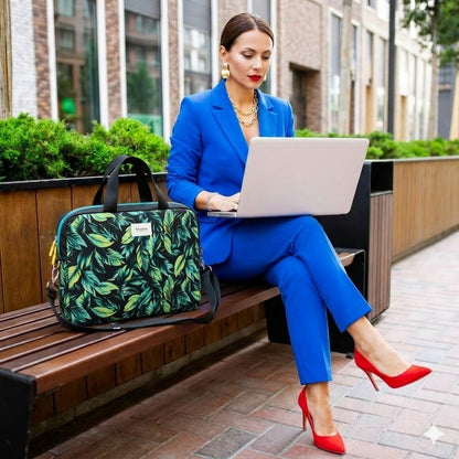 Bolso laptop hojas tropicales - medidas 38x38x6 cm, asa 30 cm, bandolera ajustable