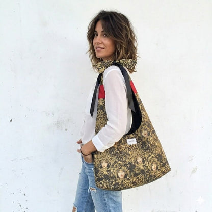 Bolso Hobo Estampado Barroco Dorado artesanal, vista lateral hecho a mano | Encantos
