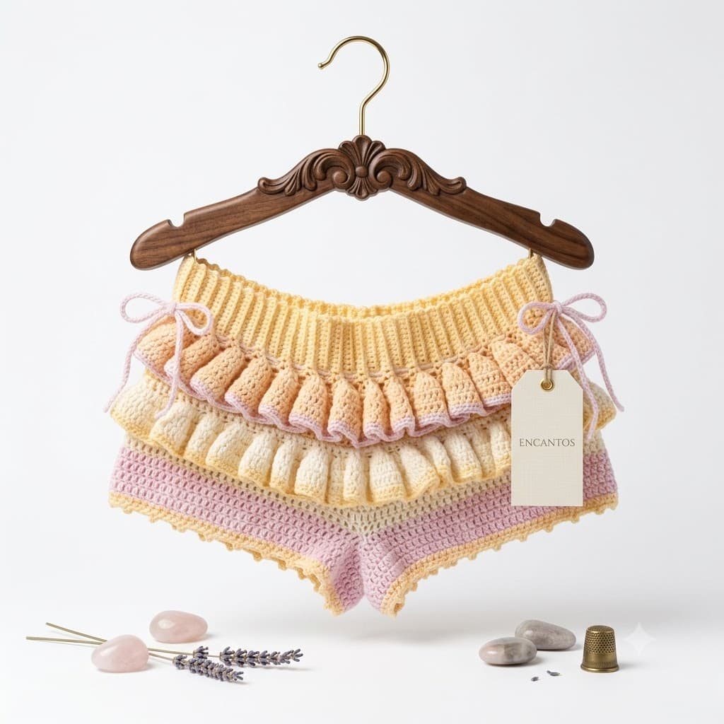 Short crochet con doble volante pastel en percha, etiqueta Encantos