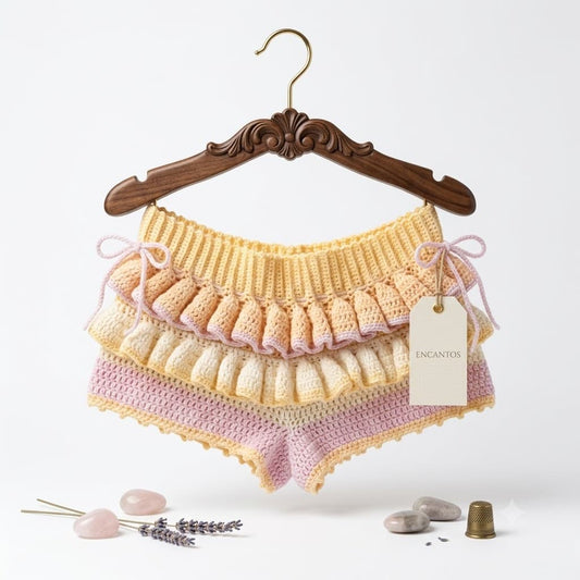 Short crochet con doble volante pastel en percha, etiqueta Encantos