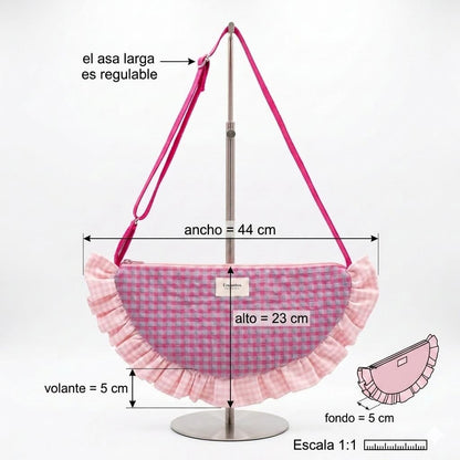 Bolso Media Luna Vichy Rosa y Morado - medidas: 44x23 cm, volante 5 cm