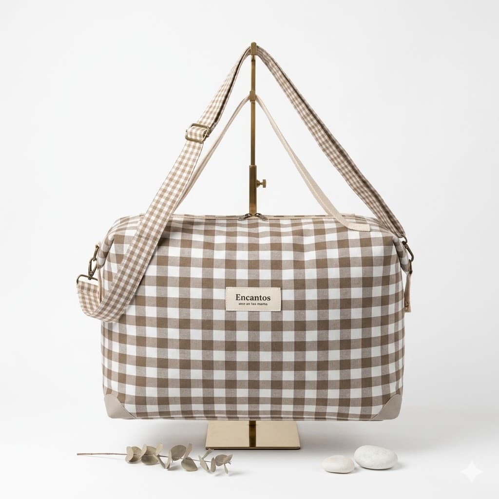 Bolso saco bebé vichy beige Encantos vista frontal con asa larga regulable