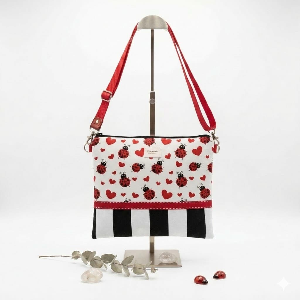 Bolso cruzado artesanal con estampado de mariquitas y corazones rojos sobre fondo blanco y rayas negras, con asas regulables rojas