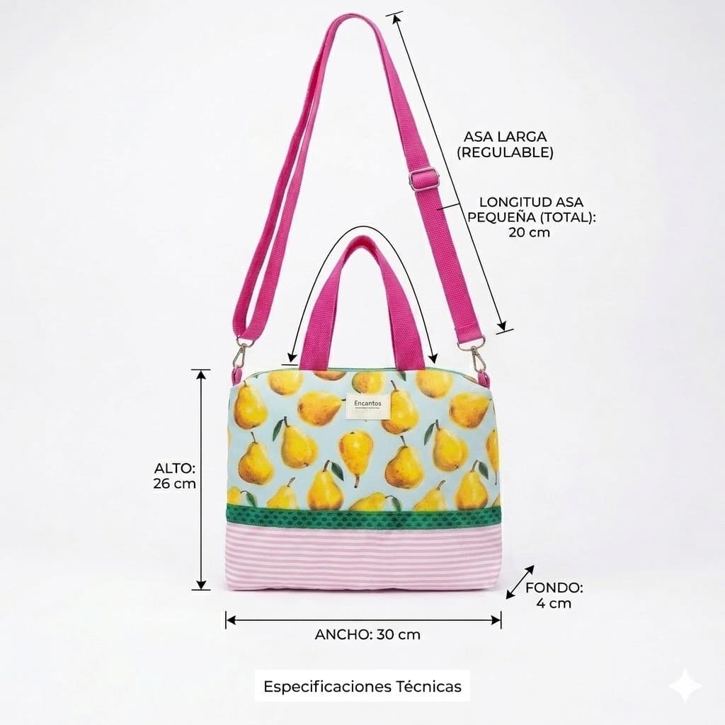 Medidas bolso tote peras: alto 26 cm, ancho 30 cm, fondo 4 cm, asa corta 20 cm