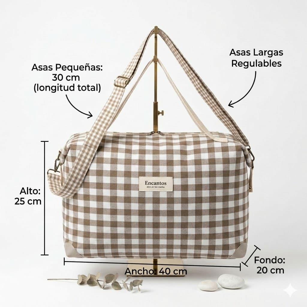 Bolso saco bebé artesanal vichy topo beige con medidas: 40 cm ancho, 25 cm alto, 20 cm fondo y asas cortas 30 cm