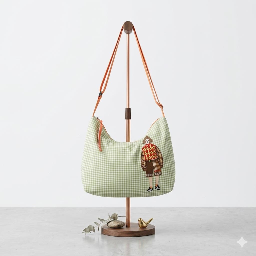 Bolso Saco Vichy Verde Menta Ilustración Artesanal colgado en expositor | Encantos