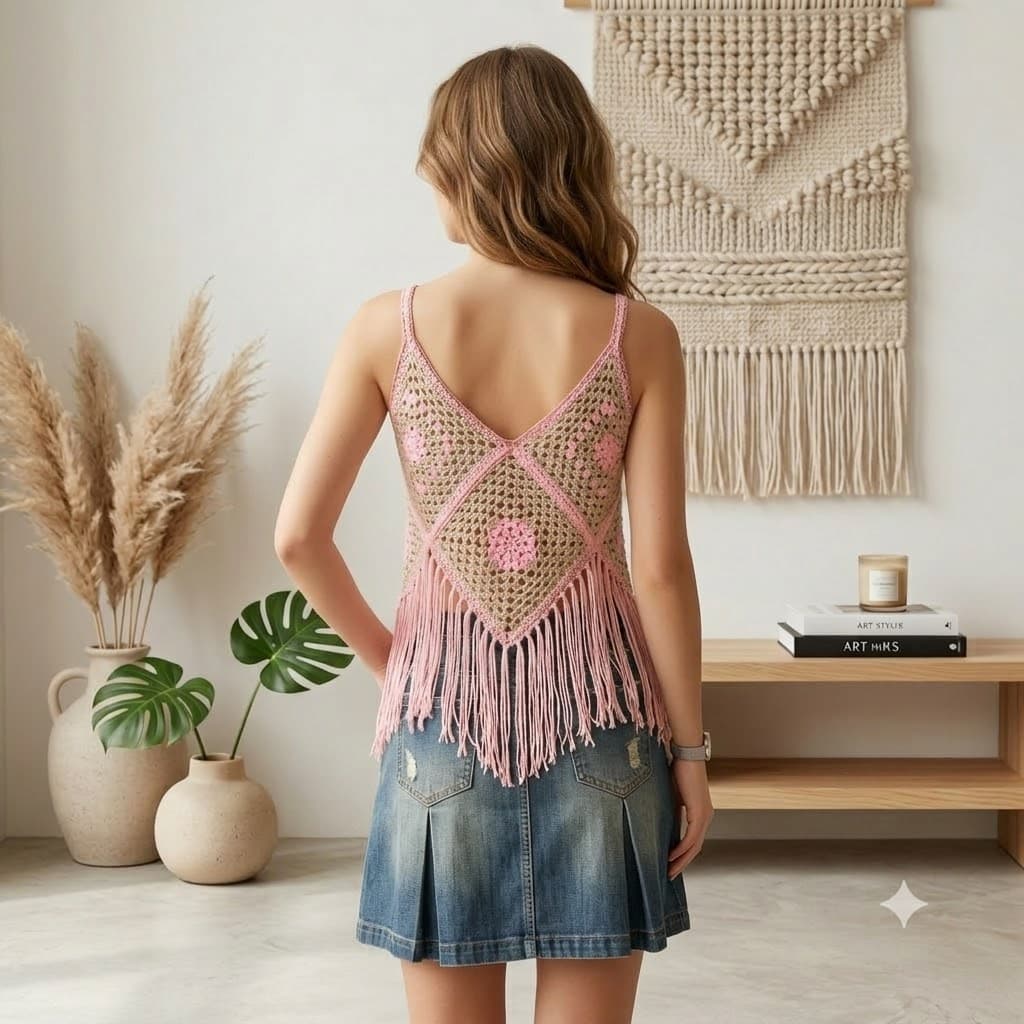 Modelo con top crochet rosa con flecos y motivos granny, vista trasera, ambiente boho