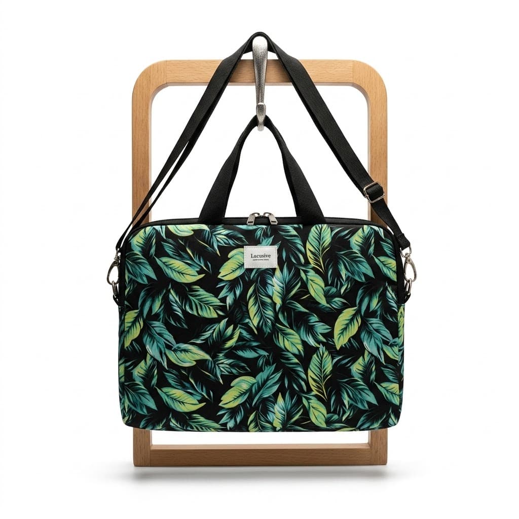 Bolso laptop hojas tropicales verde negro - vista frontal colgado