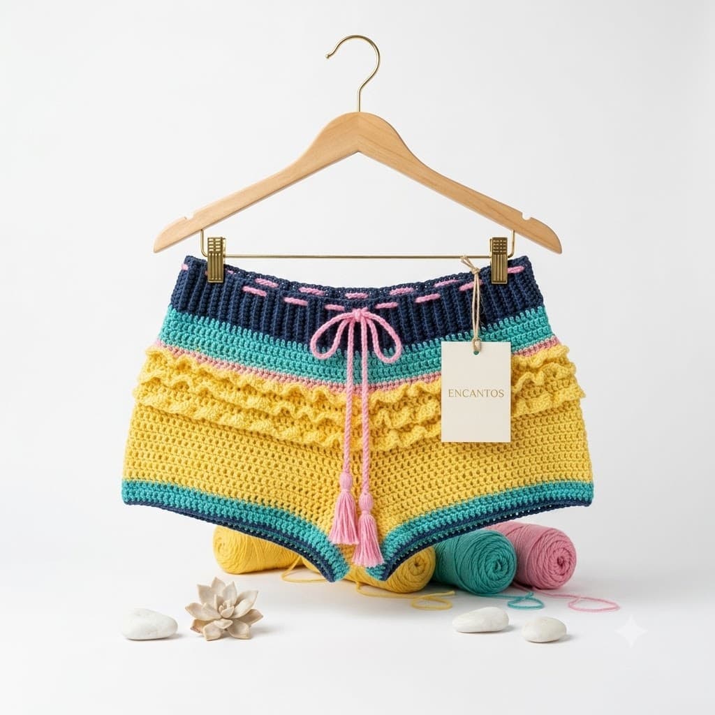 Short crochet multicolor amarillo turquesa y azul marino con cordón rosa en percha, etiqueta Encantos