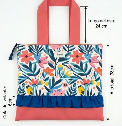 Bolso Tote Floral con Volante artesanal con estampado de flores hecho a mano
