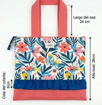 Bolso Tote Floral con Volante artesanal con estampado de flores hecho a mano