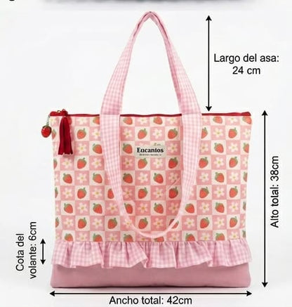 Bolso Tote Fresas y Margaritas con Volantes artesanal con estampado de fresas y margaritas hecho a mano