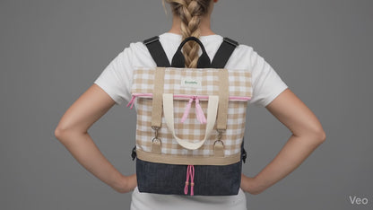 Mochila Denim Vichy Beige Rosa Artesanal Hecha a Mano | Encantos