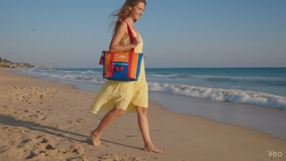 Bolso Tote Algodón Cerezas Naranja Azul Marino Artesanal | Encantos