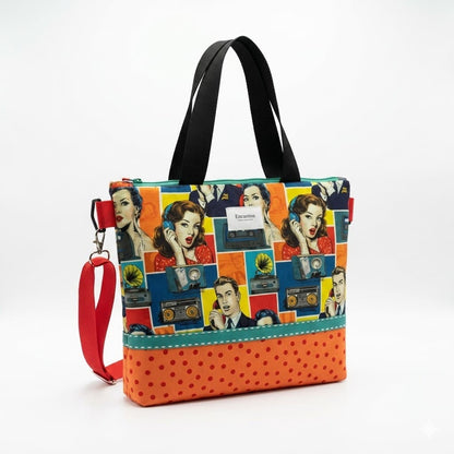 Bolso Colección Carolina estampado pop art retro multicolor con asas negras y bandolera roja – vista frontal